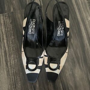 Ferragamo Black and Cream Heels